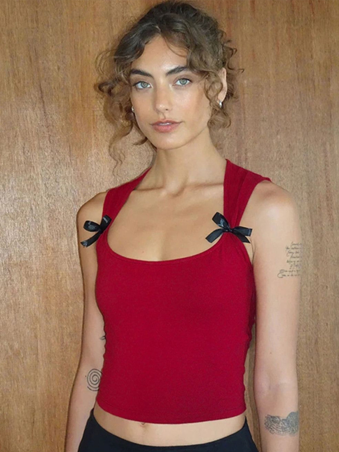 Red Square Neck Solid Sleeveless Polyester Crop Top