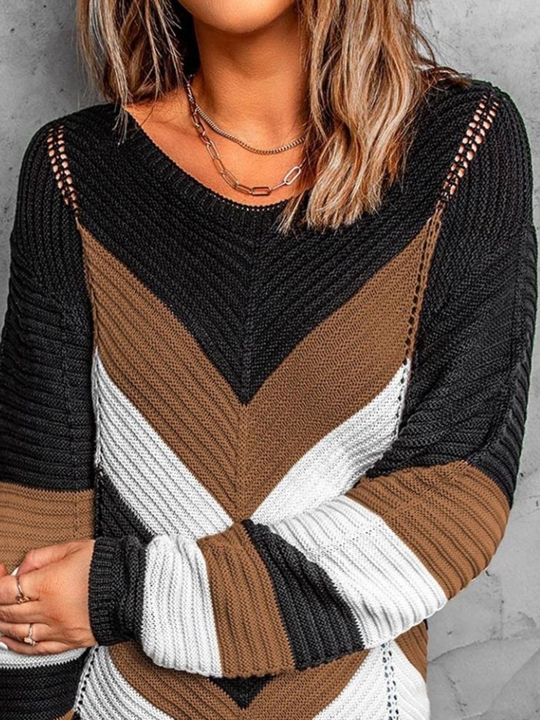 Brown V-Neck Long Sleeves Colourblocked Polyester Top