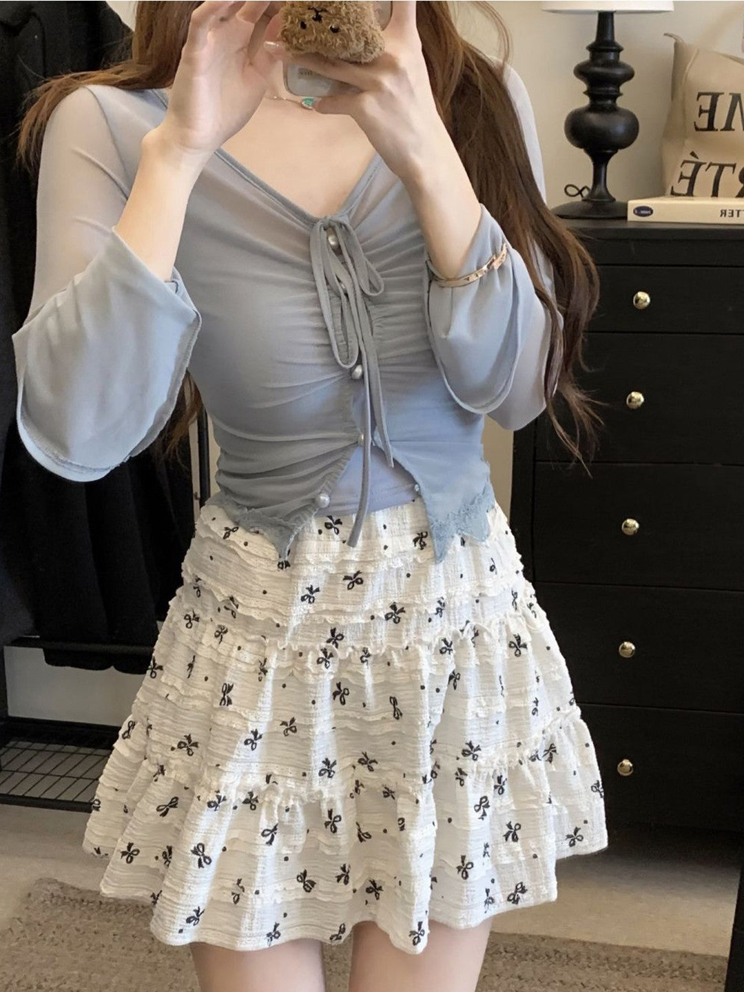 Blue V-Neck Long Sleeves Solid Polyester Top