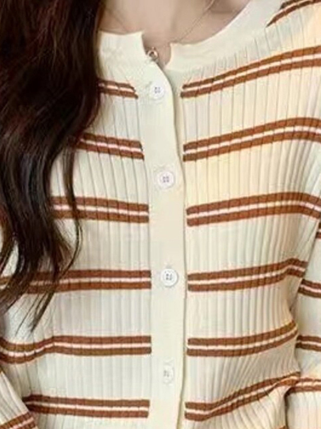 Brown Shirt Collar Long Sleeves Horizontal Stripes Regular Sleeves Viscose Rayon Top