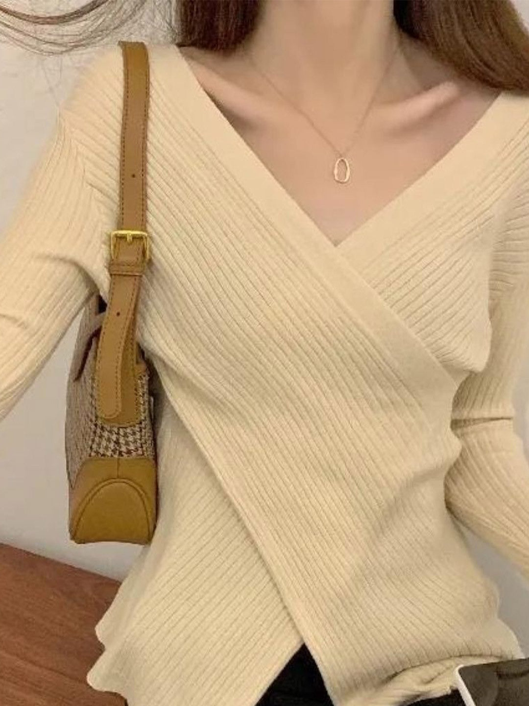 Yellow V-Neck Long Sleeves Solid Polyester Top