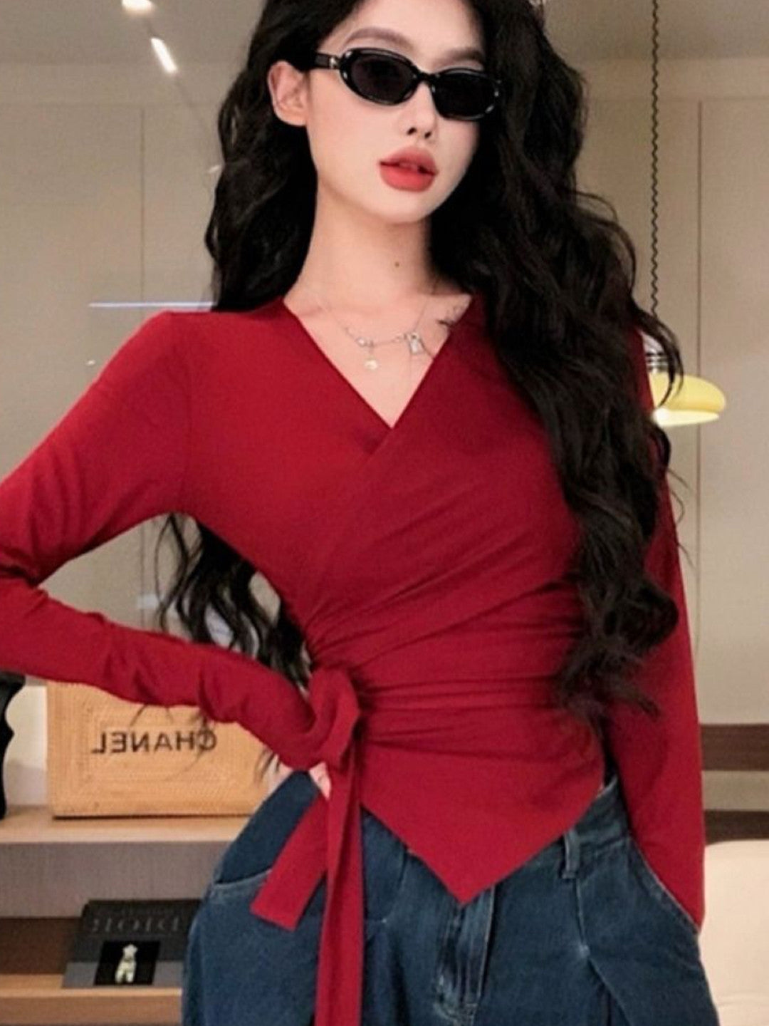 Red V-Neck Long Sleeves Solid Viscose Rayon Top