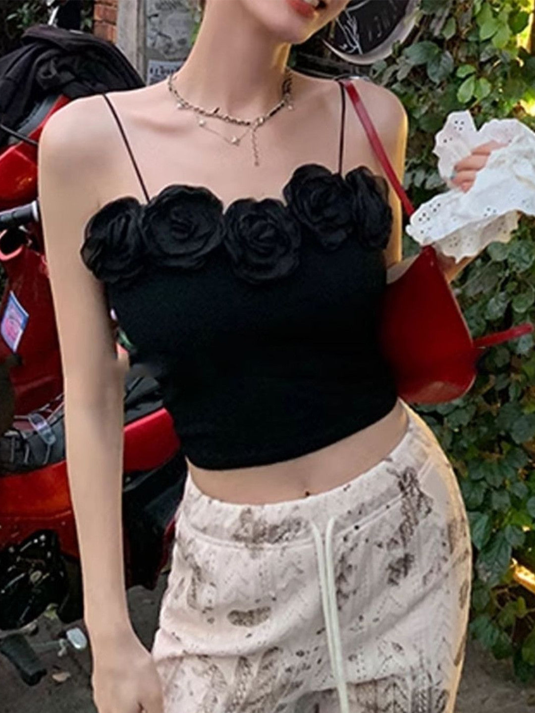 Black Shoulder Straps Sleeveless Solid Polyester Top