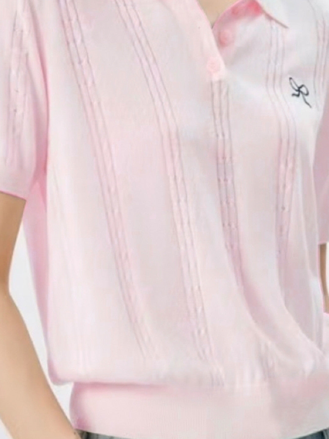 Pink Shirt Collar Short Sleeves Solid Polyester Top