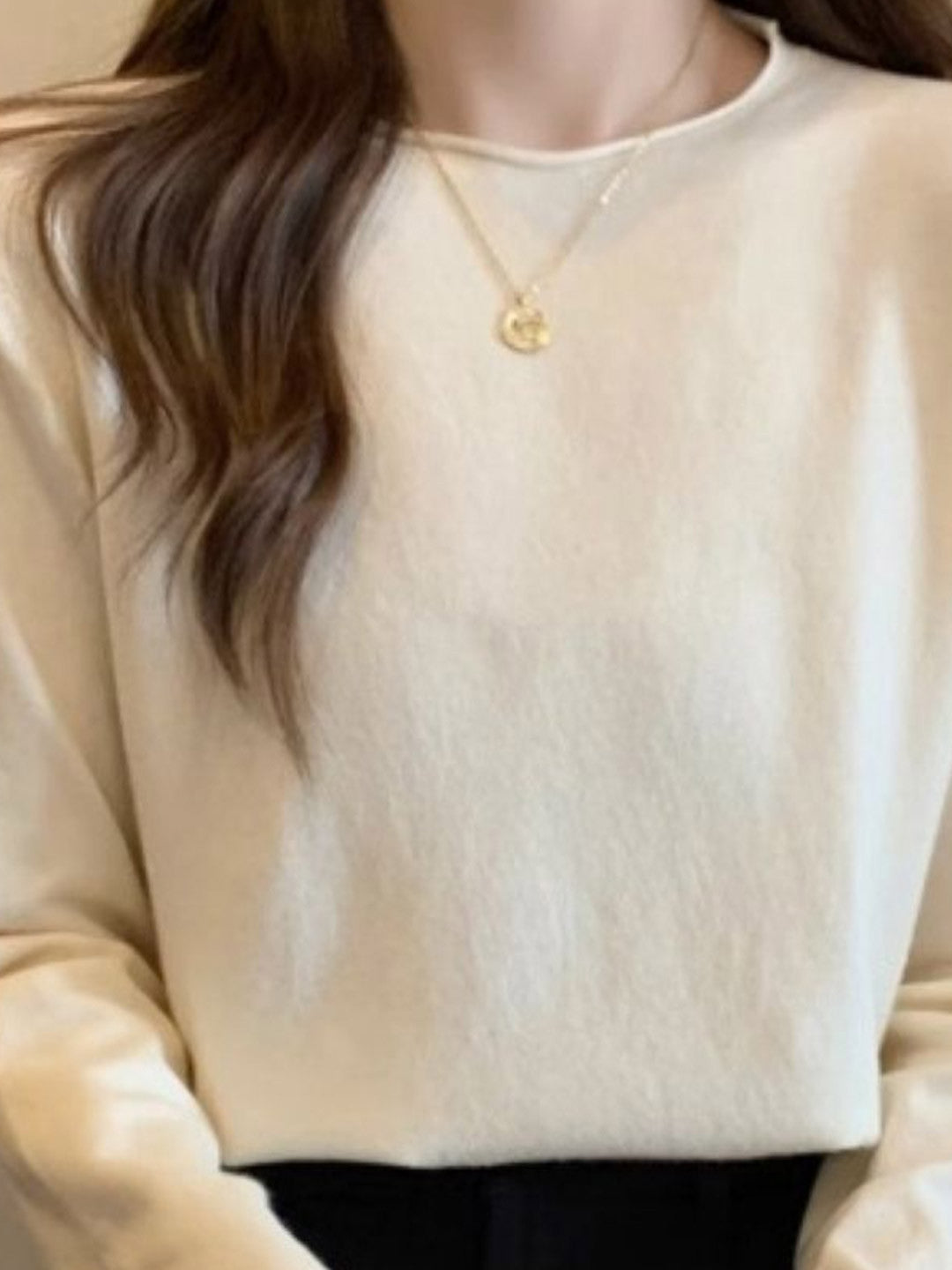 Cream Round Neck Long Sleeves Solid Polyester Top
