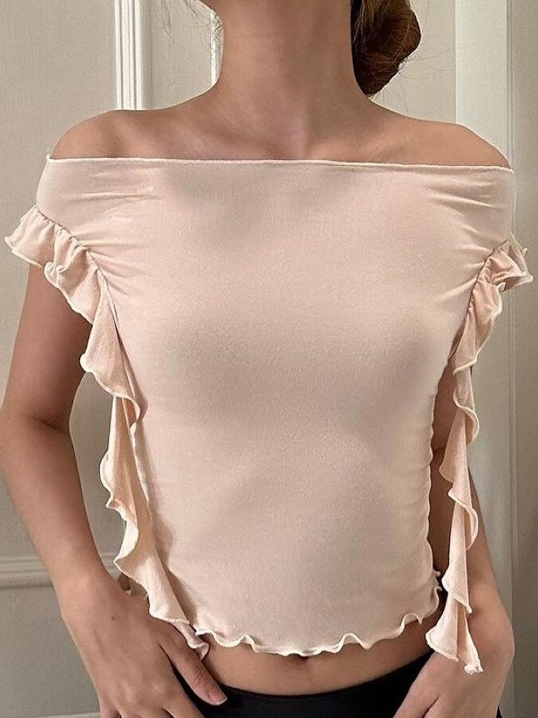 Cream Off-Shoulder Solid Short Sleeves Polyester Crop Top