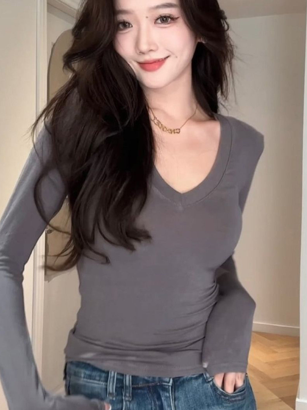 Grey V-Neck Long Sleeves Solid Viscose Rayon Top