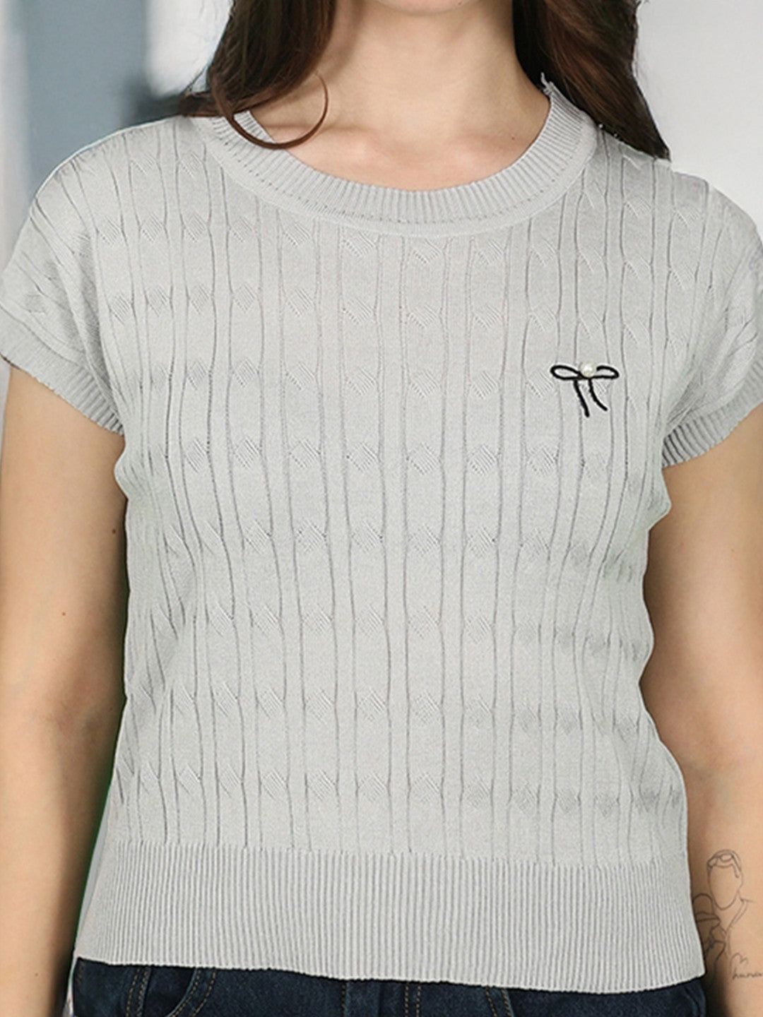 Grey Round Neck Sleeveless Solid Polyester Top