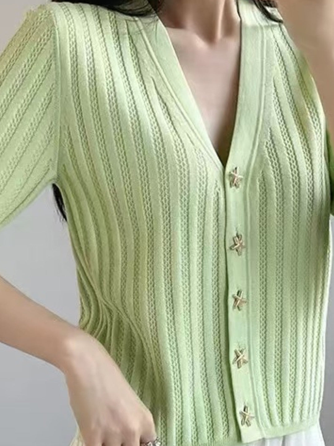 Green V-Neck Short Sleeves Solid Polyester Top