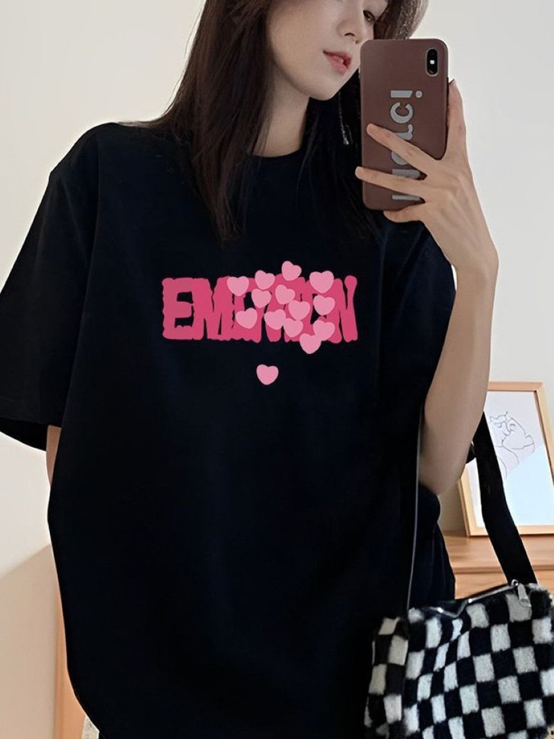 Black Round Neck Short Sleeves Typography Polyester Tops