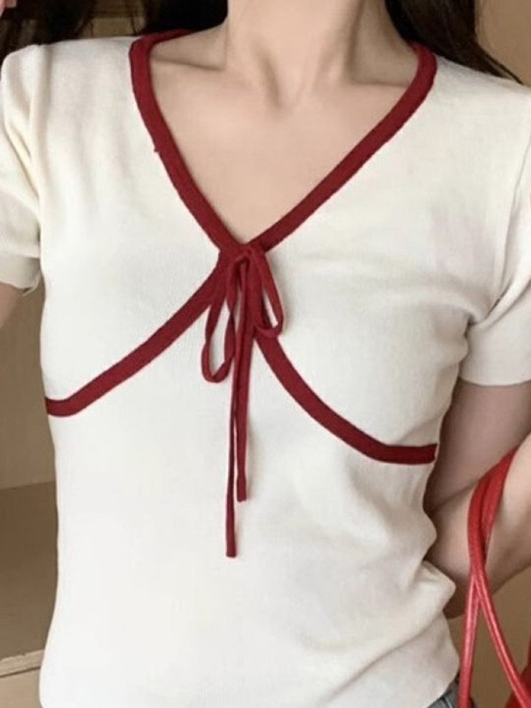 Cream V-Neck Short Sleeves Solid Polyester Top