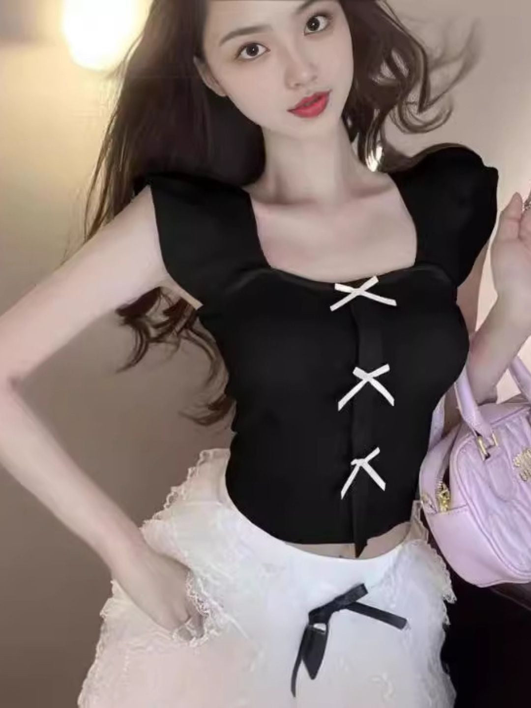 Black Square Neck Sleeveless Solid Polyester Top