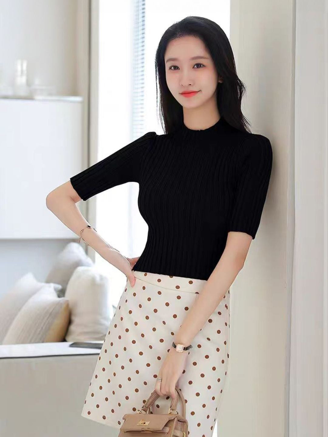 Black High Neck Solid Short Sleeves Viscose Rayon Regular Top