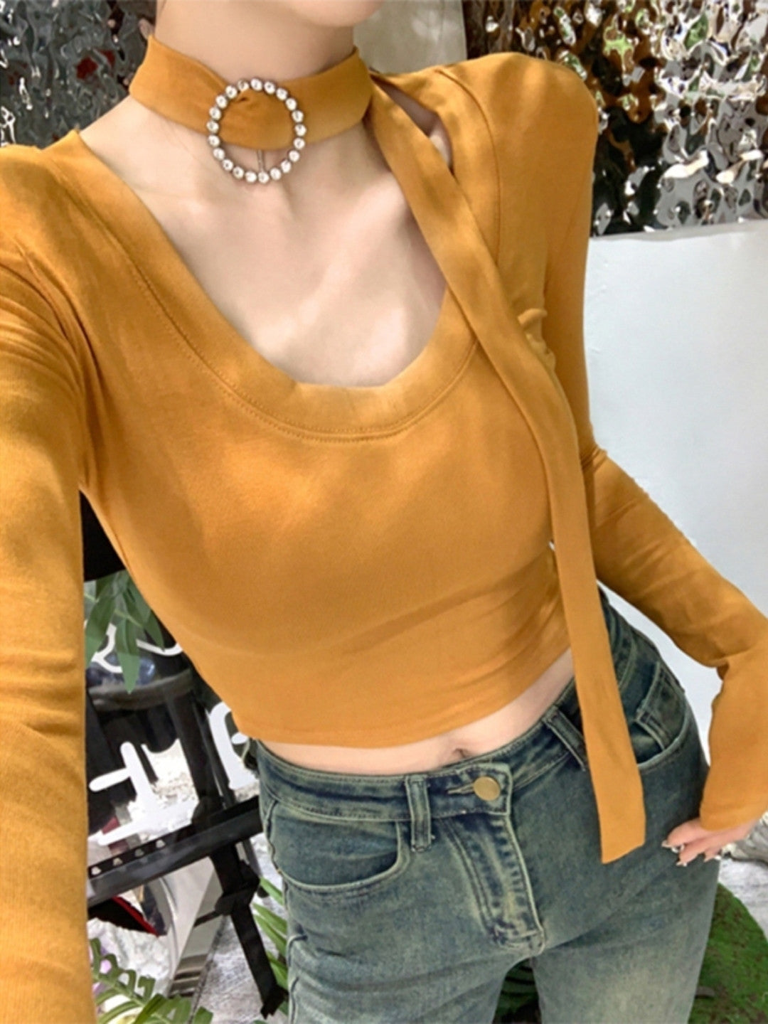Orange V-Neck Long Sleeves Solid Viscose Rayon Crop Top