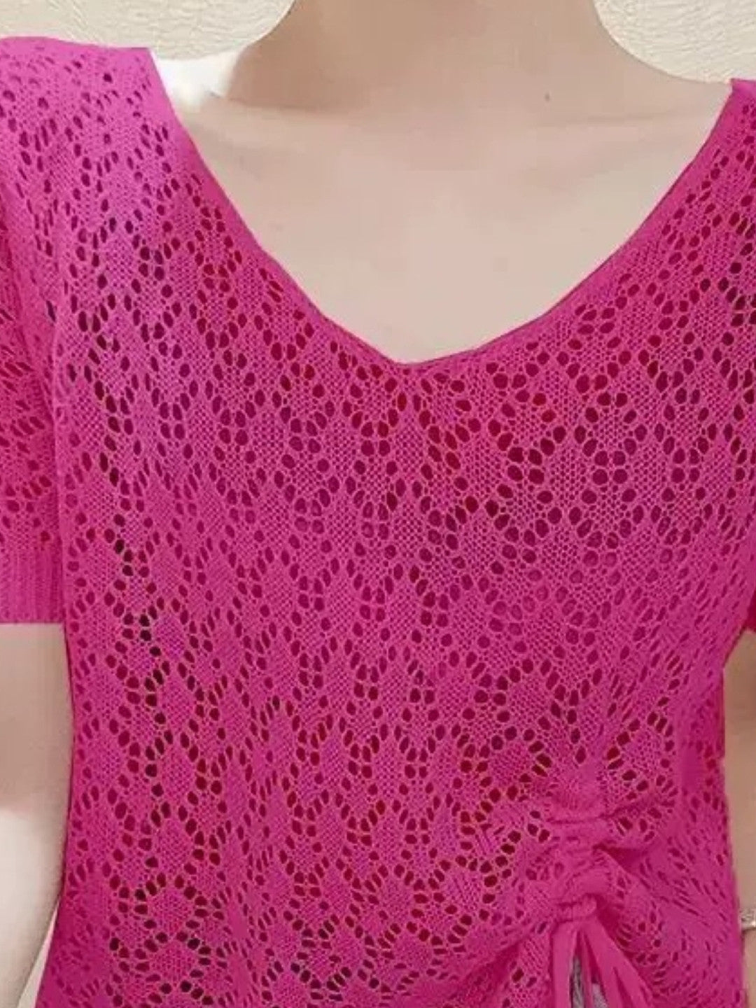 Pink V-Neck Short Sleeves Solid Polyester Top