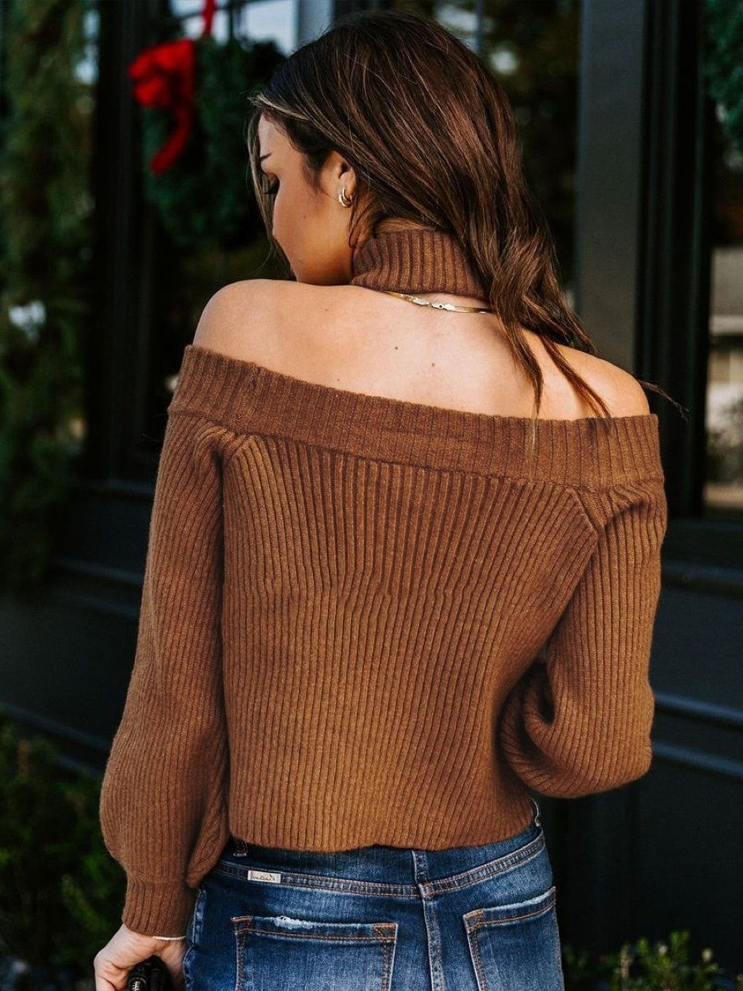Brown V-Neck Long Sleeves Solid Acrylic Top
