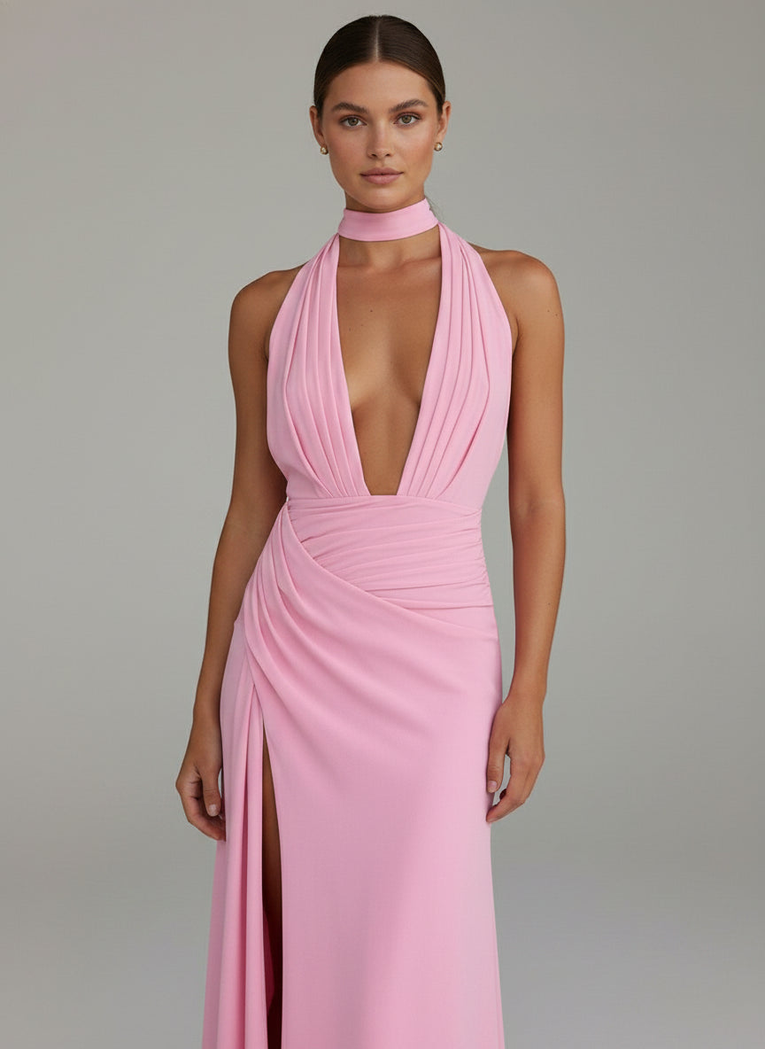 Pink Solid Halter Neck A-Line Sheath Dress