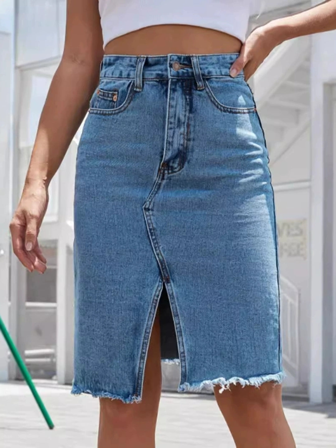 Blue Solid Knee Length Cotton Blend Skirt