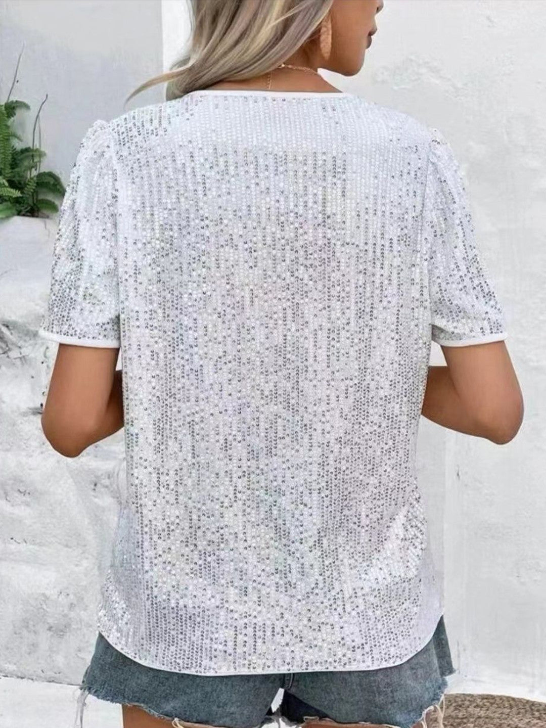Silver V-Neck Short Sleeves Solid Polyester Top