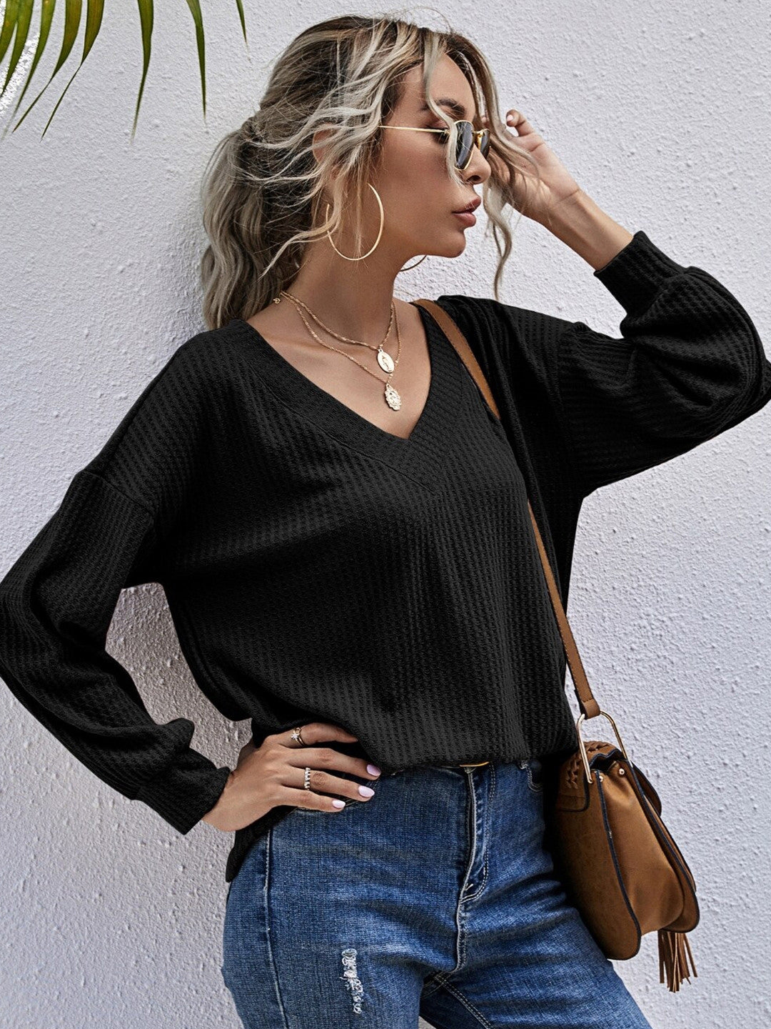 Black V-Neck Solid Long Sleeves Polyester Top