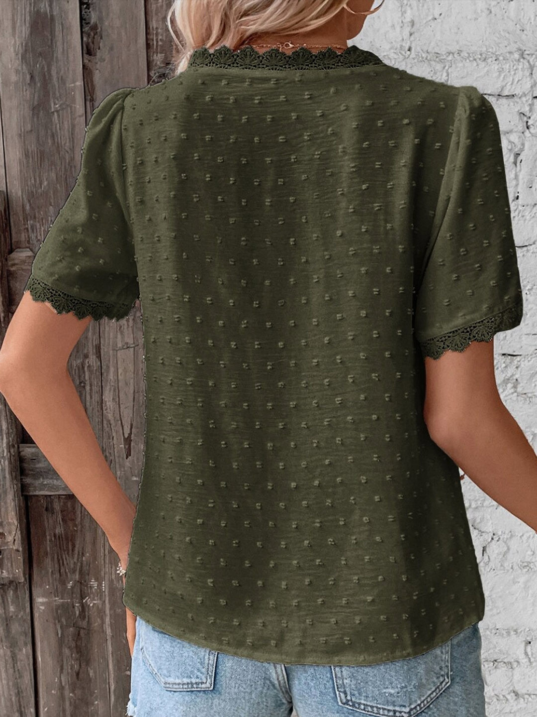 Green V-Neck Solid Short Sleeves Polyester Top