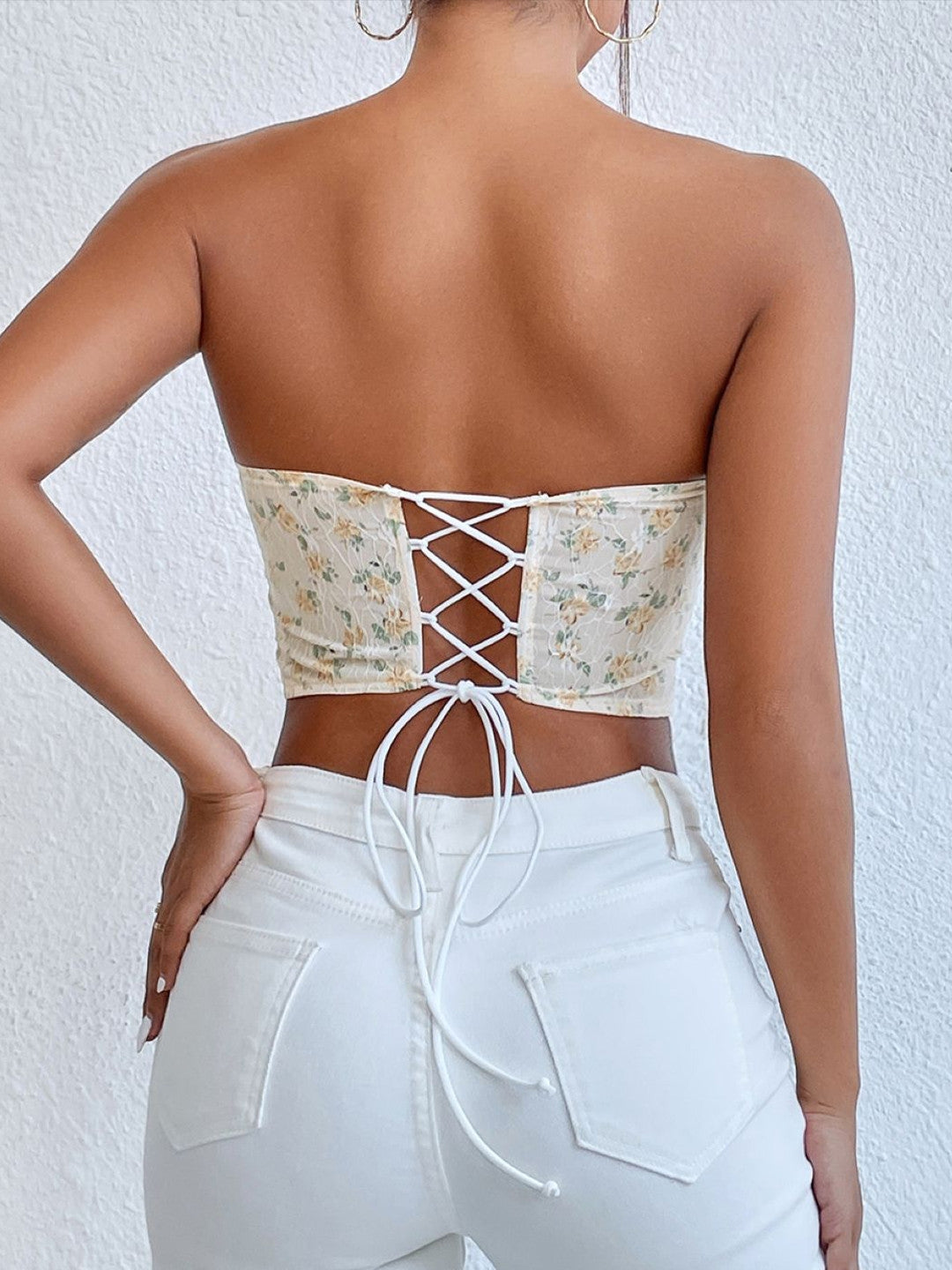 Cream Off-Shoulder Sleeveless Floral Polyester Corset Top