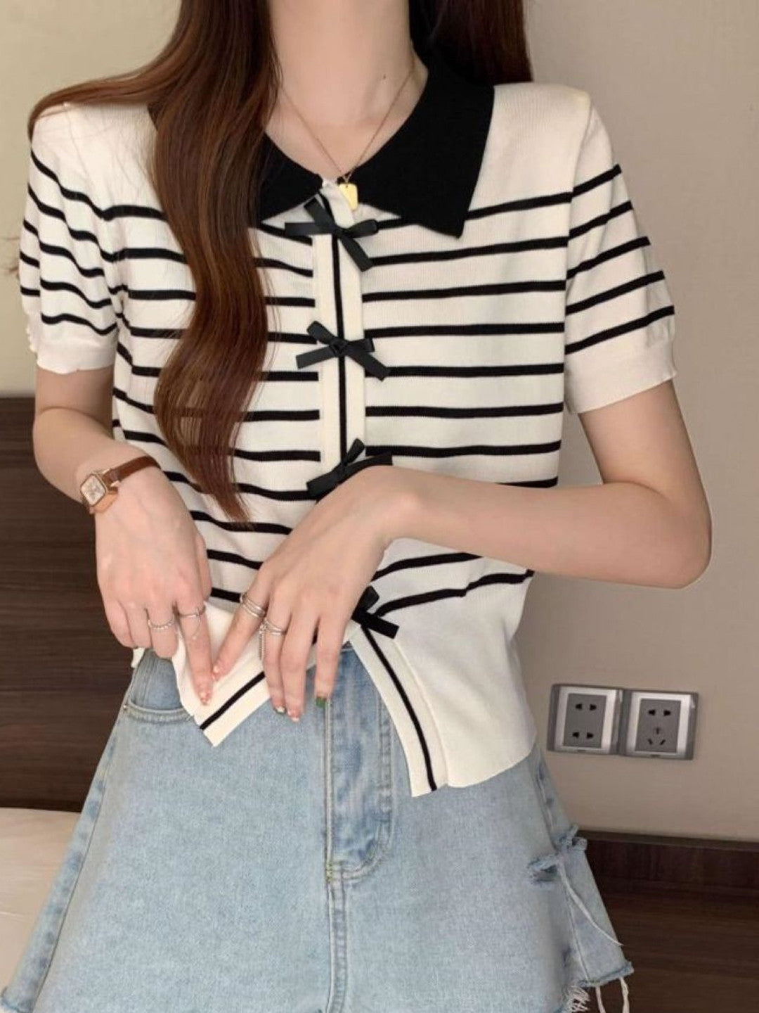 Black Shirt Collar Short Sleeves Horizontal Stripes Polyester Top