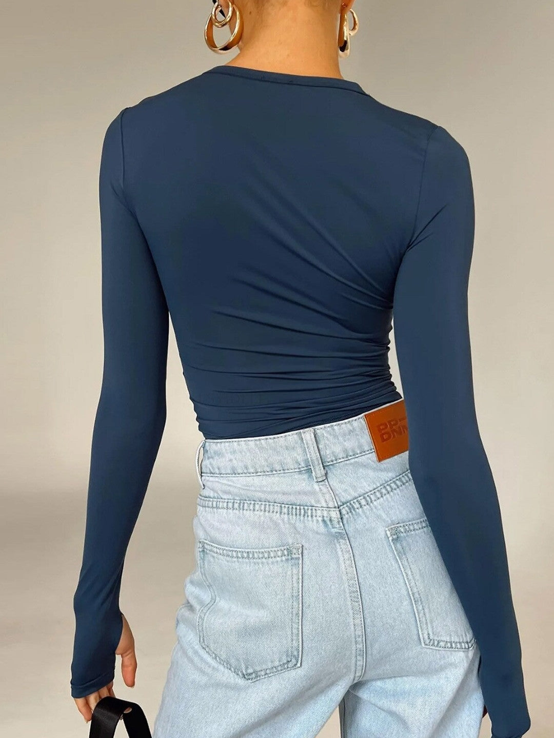 Blue Round Neck Long Sleeves Solid Polyester Top