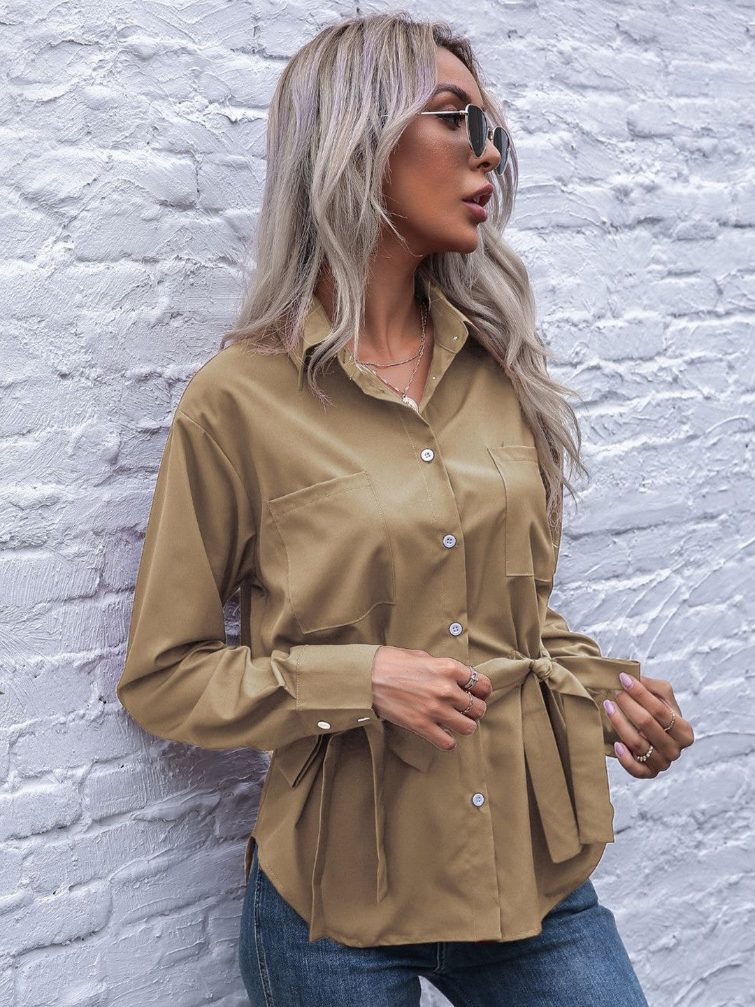 Khaki Shirt Collar Solid Long Sleeves Opaque Polyester Top