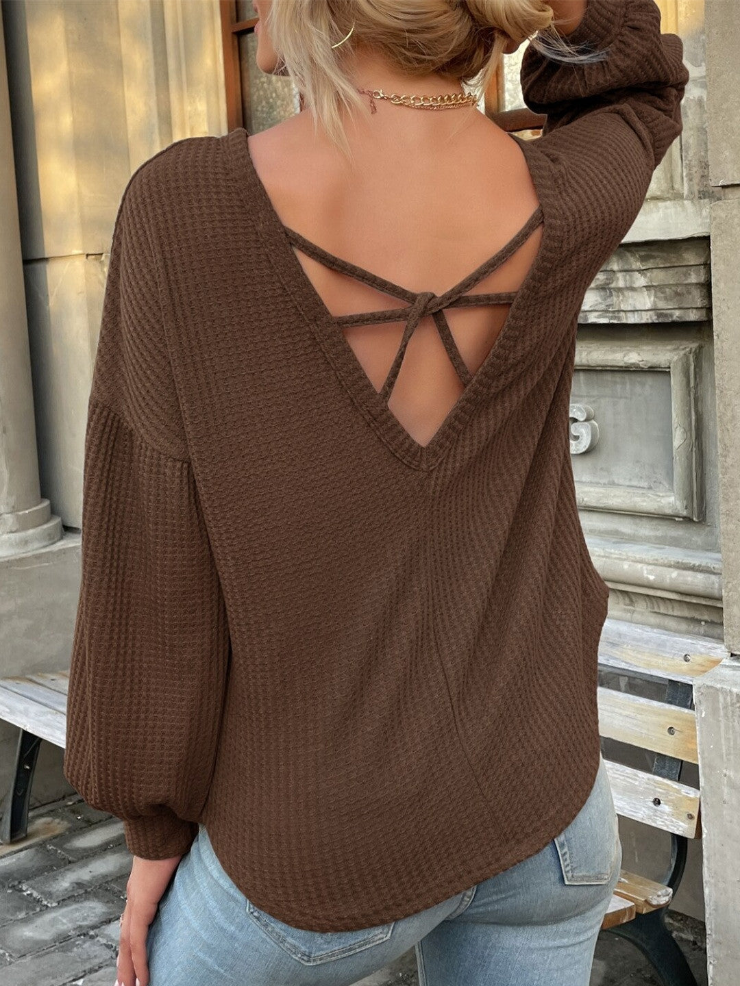 Dark Brown Boat Neck Solid Long Sleeves Opaque Polyester Top