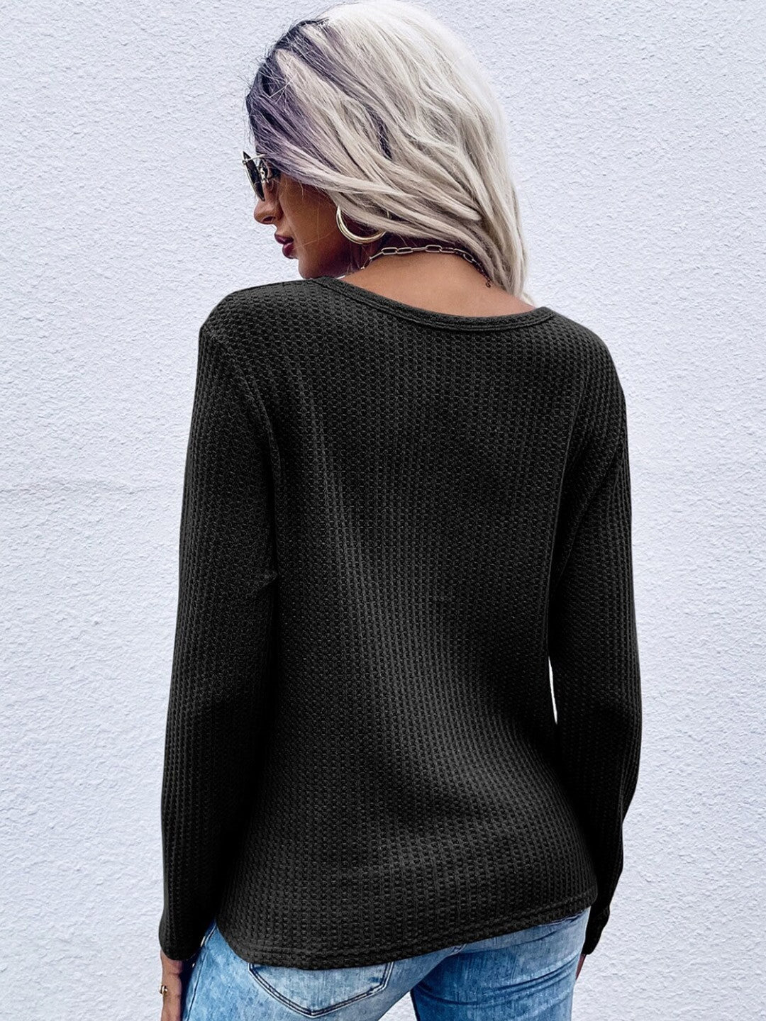 Black V-Neck Solid Long Sleeves Cotton Top