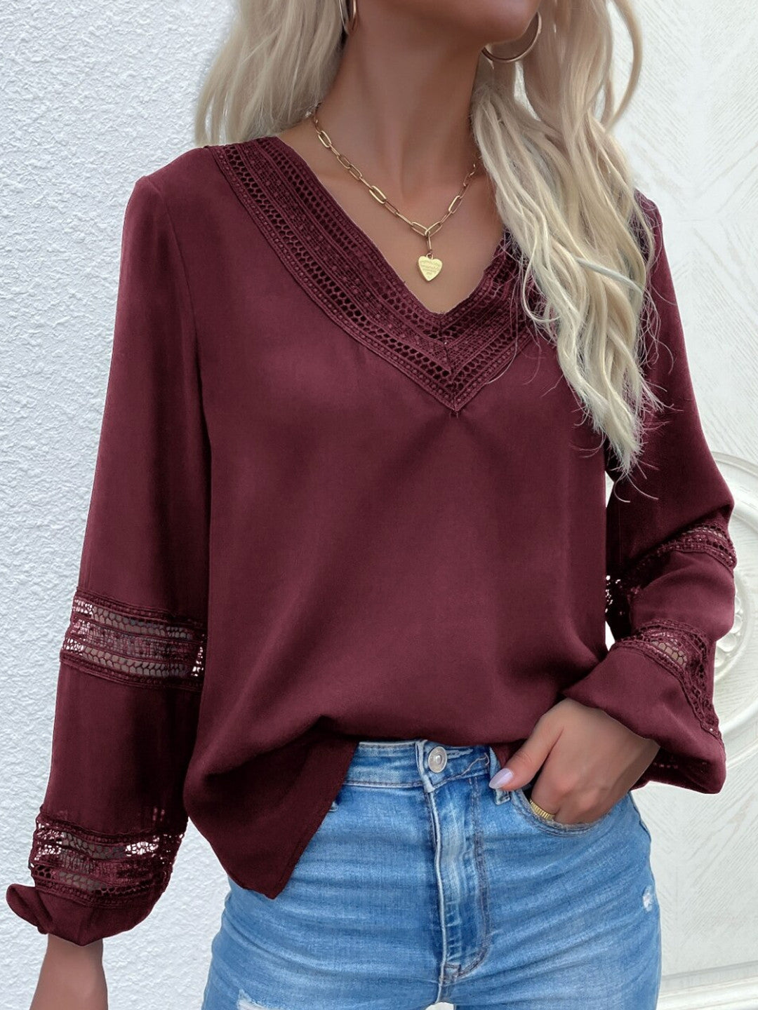 Red V-Neck Solid Long Sleeves Polyester Top