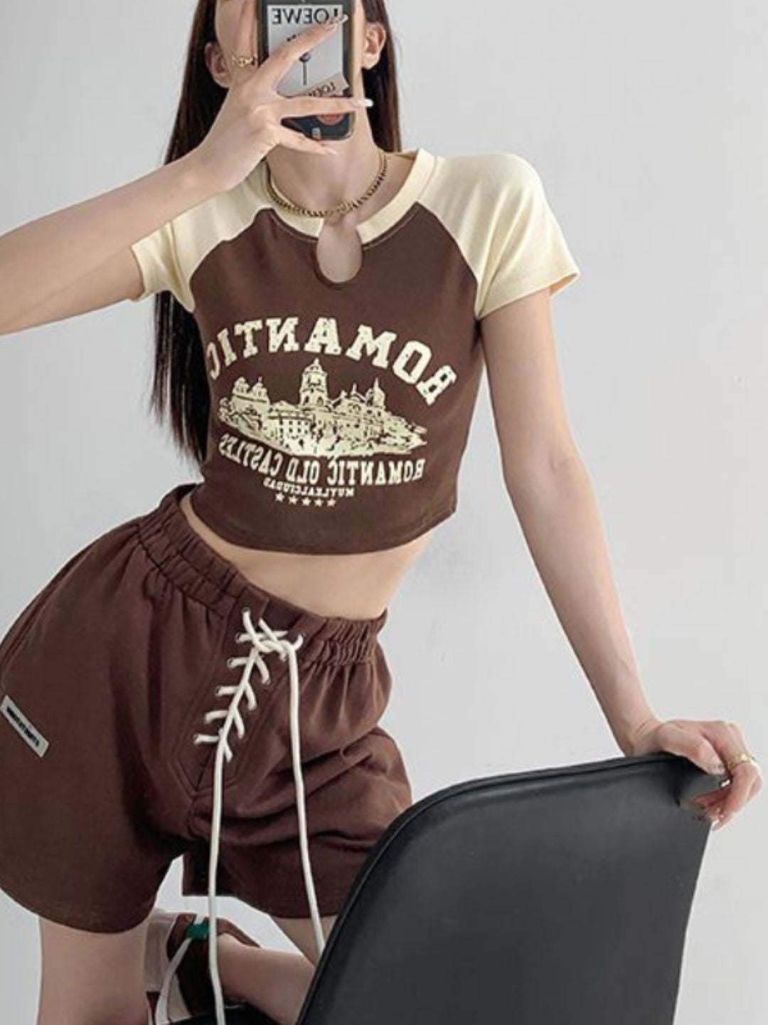 Brown Keyhole Neck Typography Short Sleeves Polyester Top