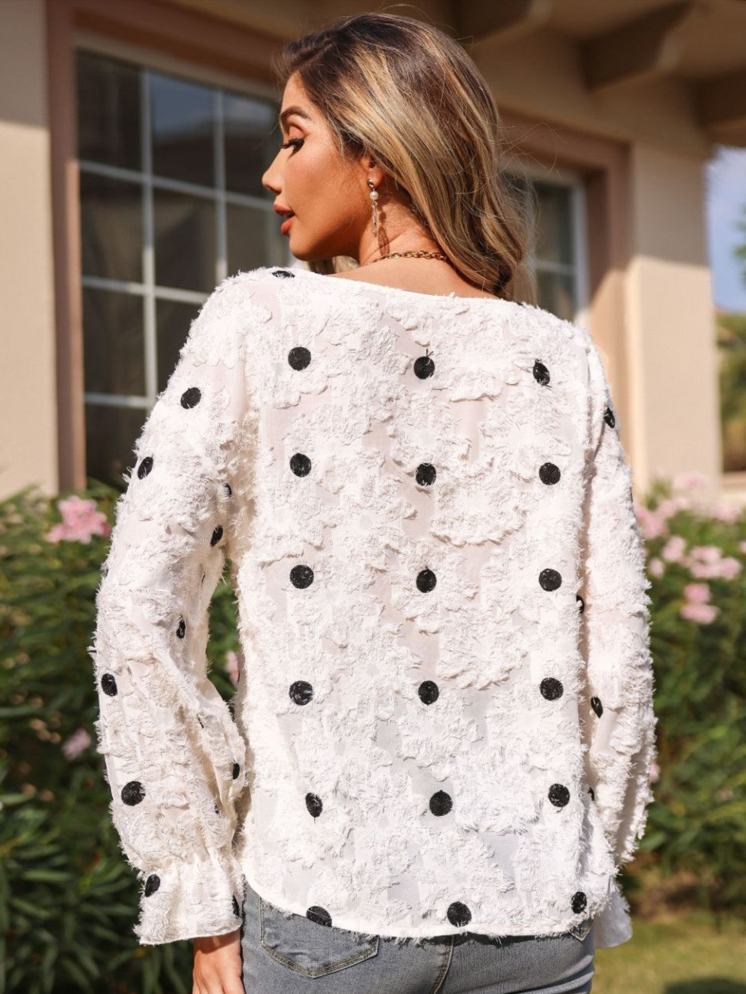 Cream V-Neck Polka Dots Long Sleeves Opaque Polyester Top