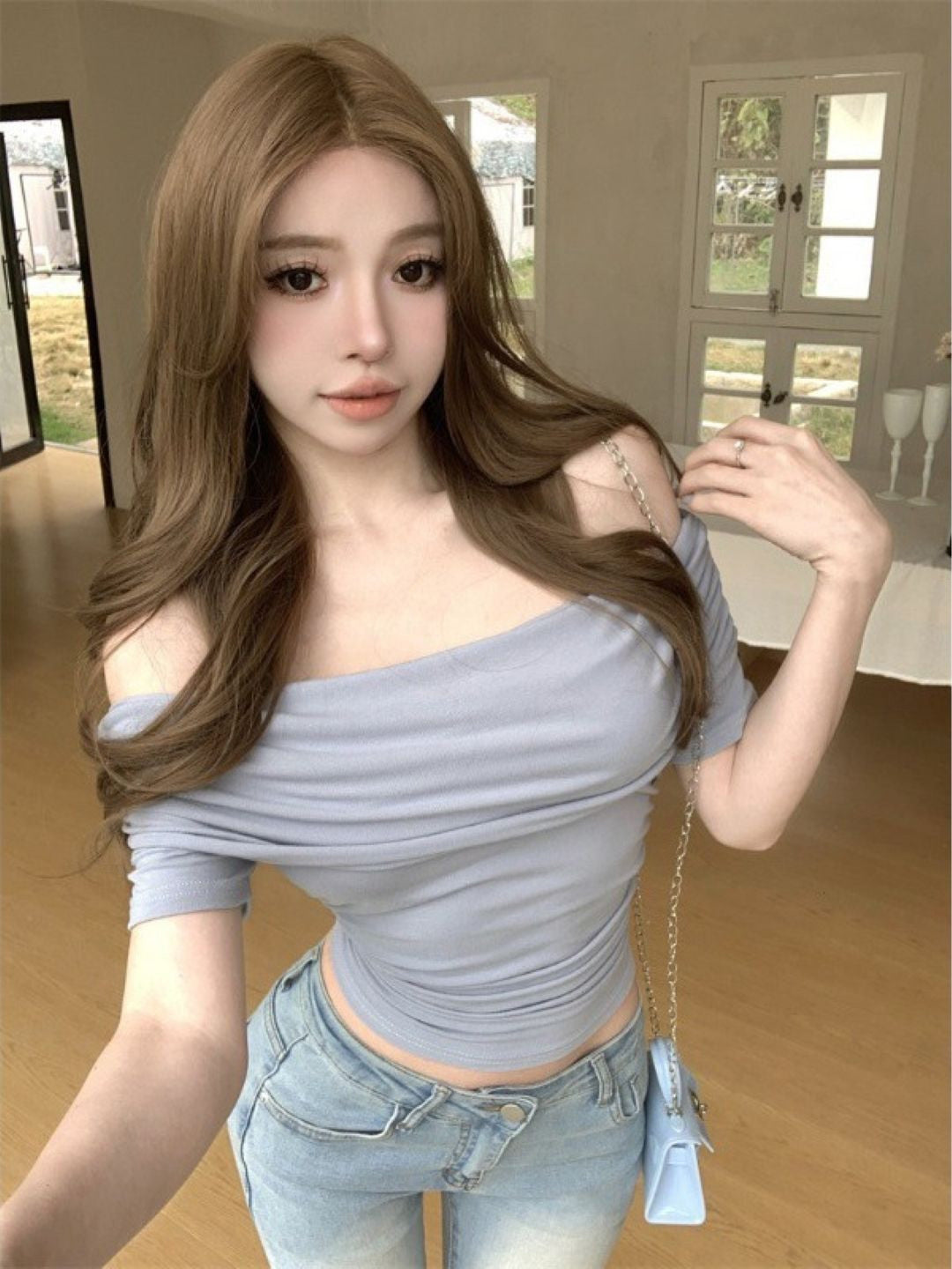 Grey Off-Shoulder Short Sleeves Solid Polyester Top