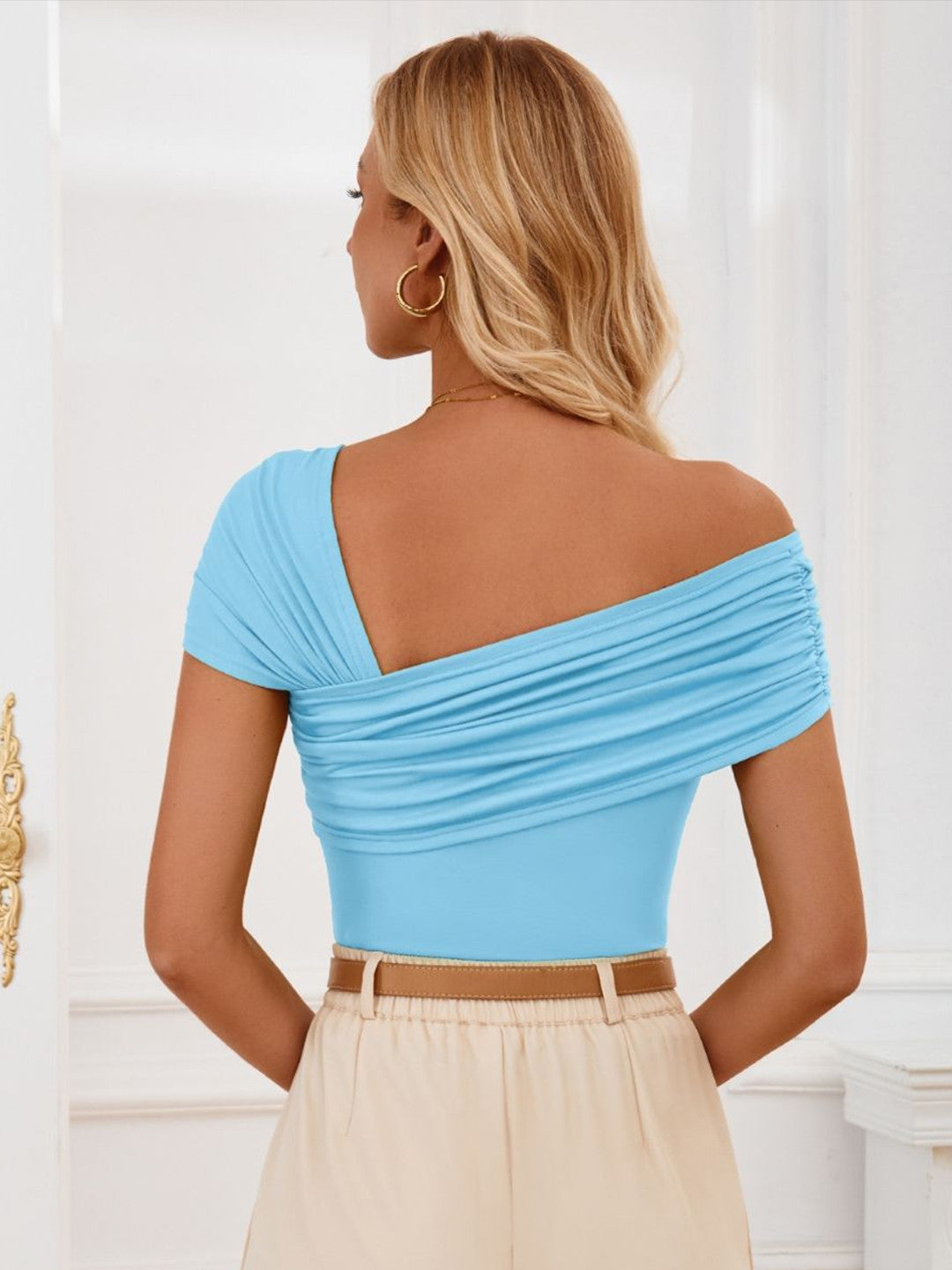 Blue One Shoulder Short Sleeves Solid Polyester Regular Top