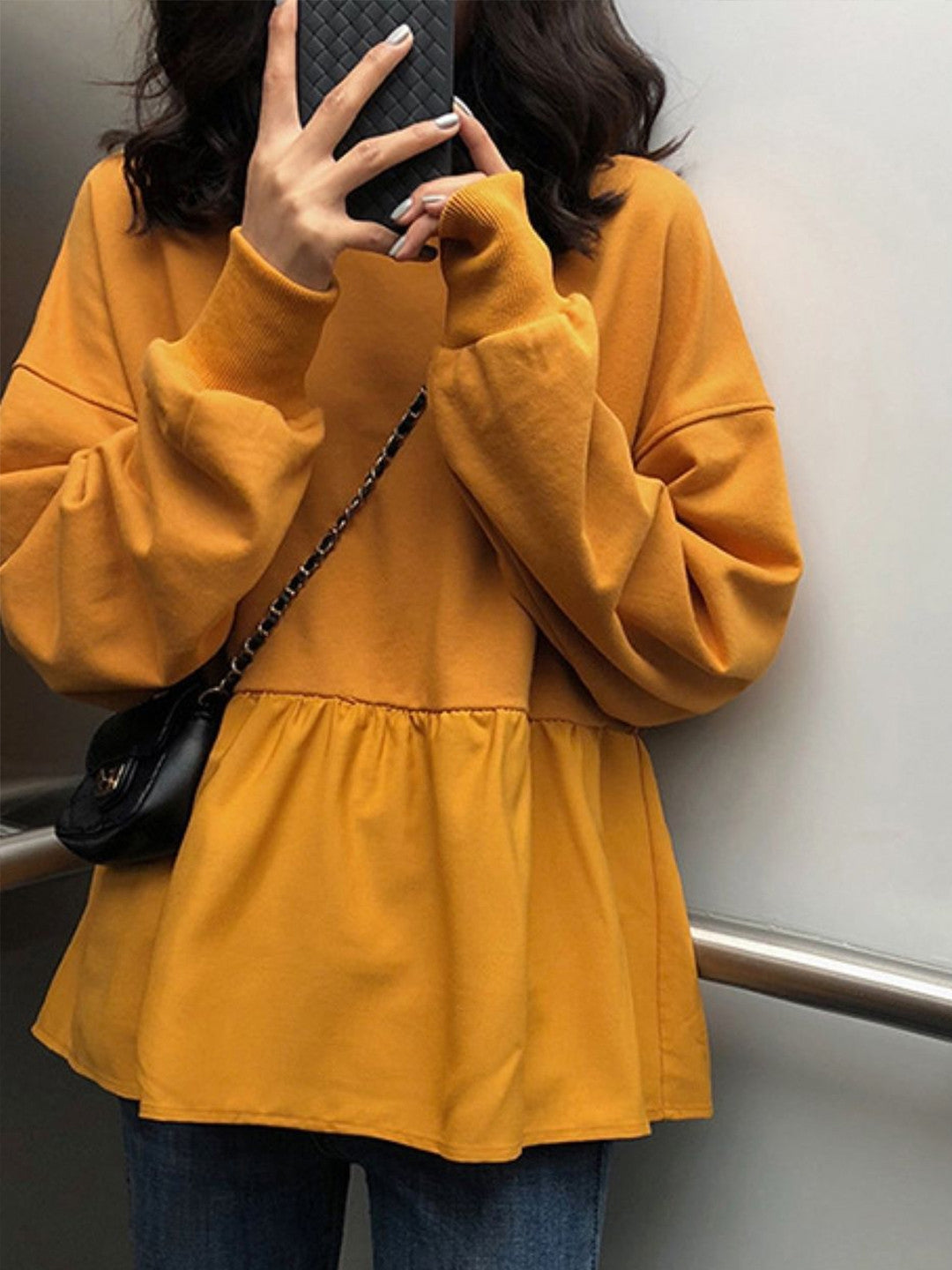 Yellow Round Neck Long Sleeves Solid Polyester Regular Top