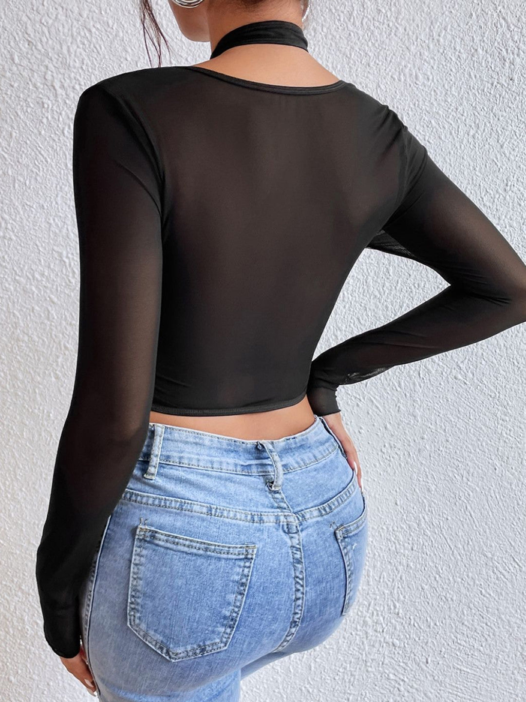 Black V-Neck Long Sleeves Solid Polyester Corset Top
