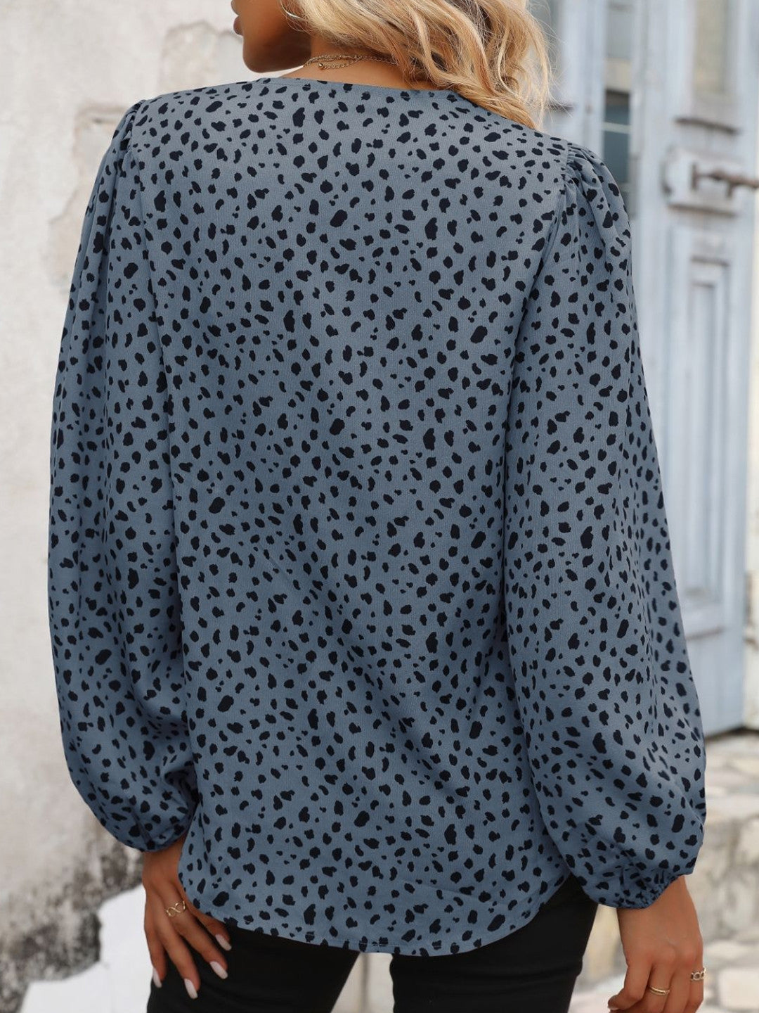 Blue V-Neck Long Sleeves Animal Polyester Regular Top