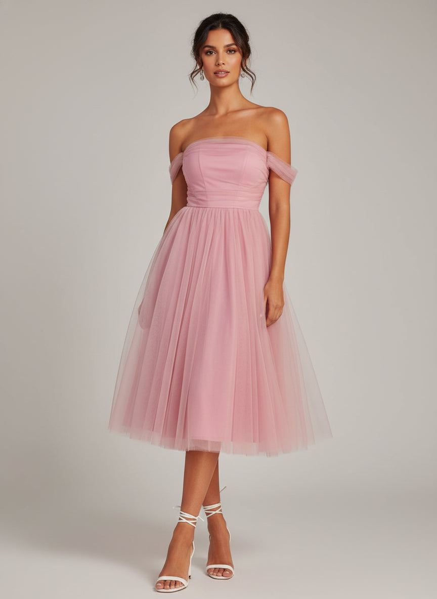 Pink Off-Shoulder A-Line Midi Dress