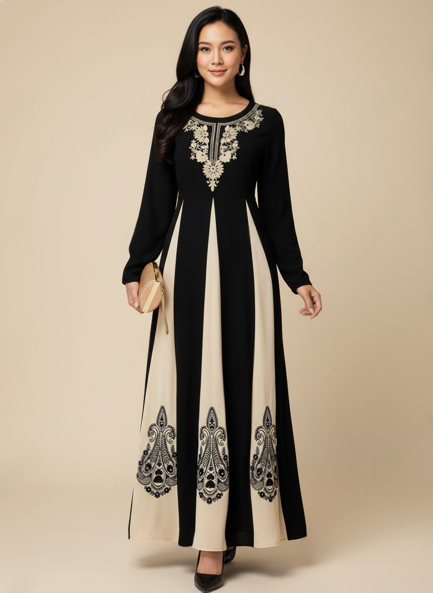 Black Round Neck Colourblocked Long Sleeves A-Line Polyester Maxi Dress