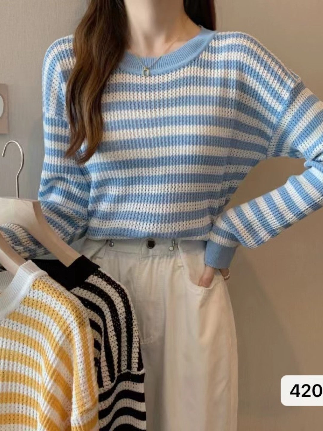 Blue Round Neck Long Sleeves Horizontal Stripes Top