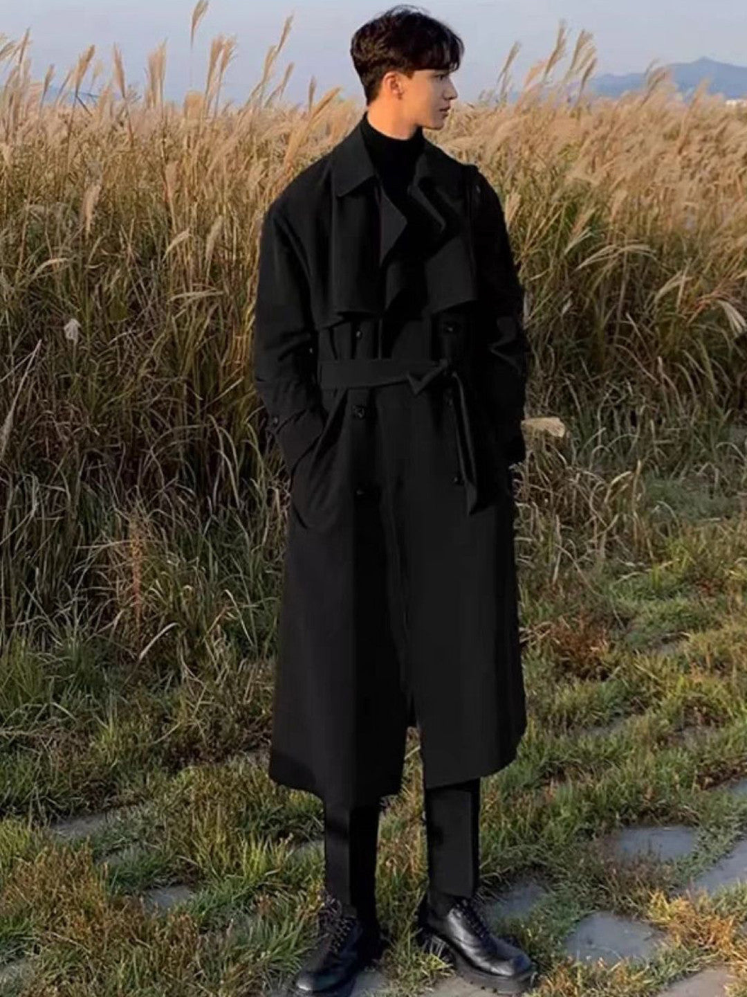 Black Spread Collar Long Sleeves Solid Polyester Open Front Jacket