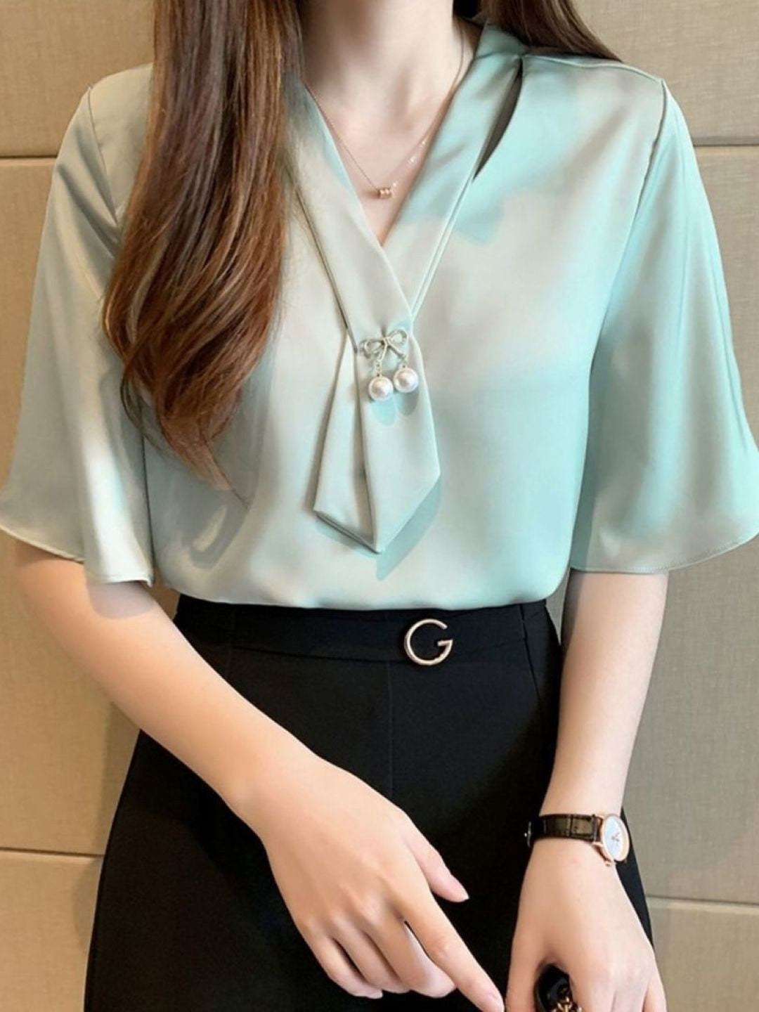 Blue V-Neck Short Sleeves Solid Polyester Top