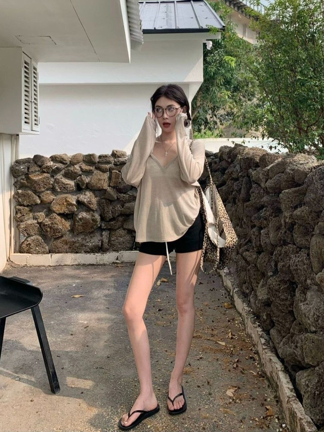 Brown V-Neck Long Sleeves Solid Polyester Top