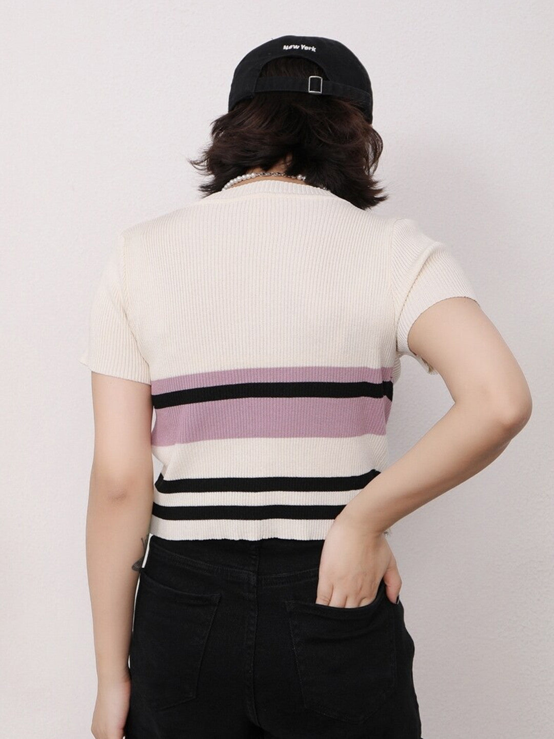 Cream Round Neck Short Sleeves Horizontal Stripes Top