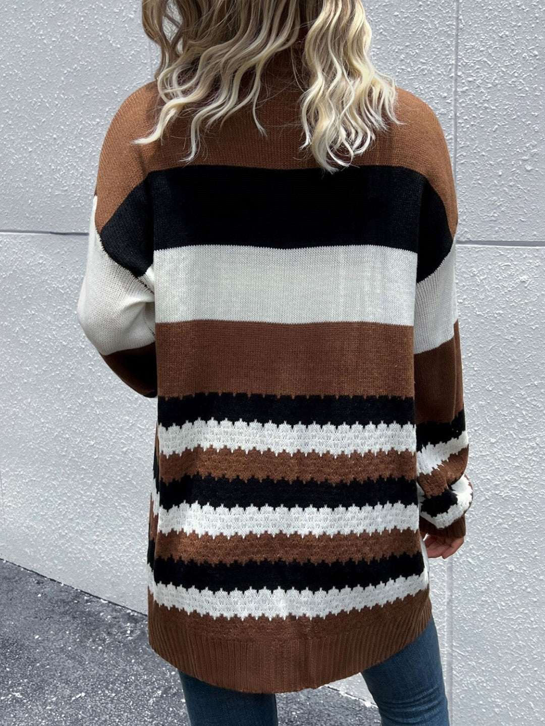 Coffee Brown V-Neck Colourblocked Long Sleeves Acrylic Cardigan