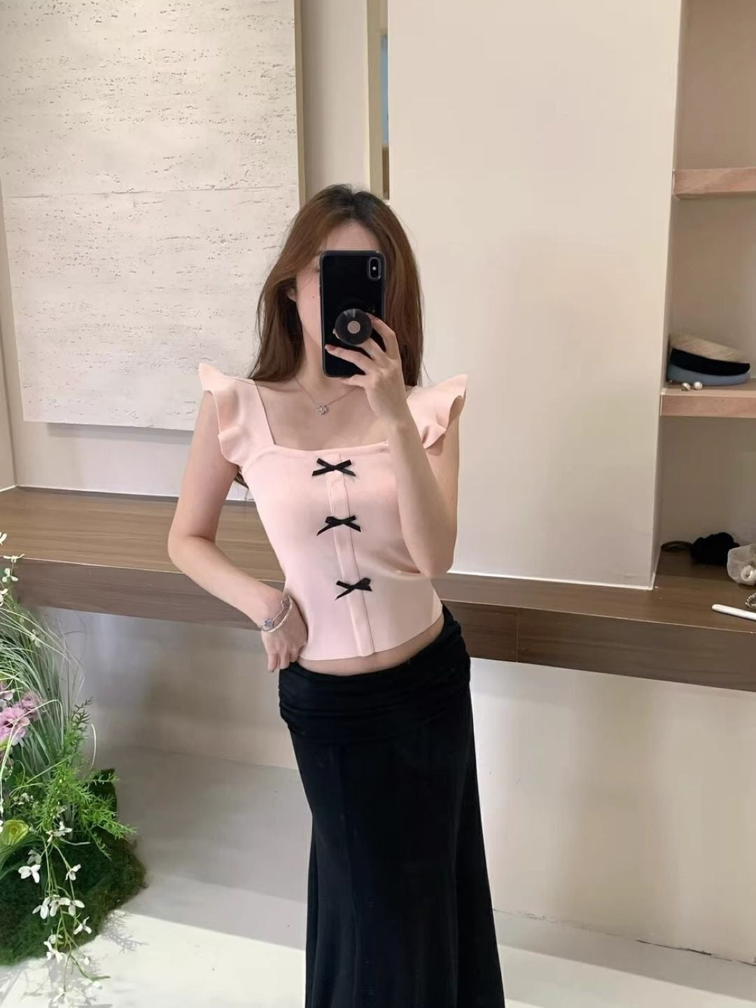 Pink Square Neck Sleeveless Solid Polyester Top