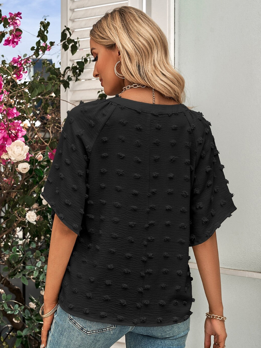 Black V-Neck Polyester Top