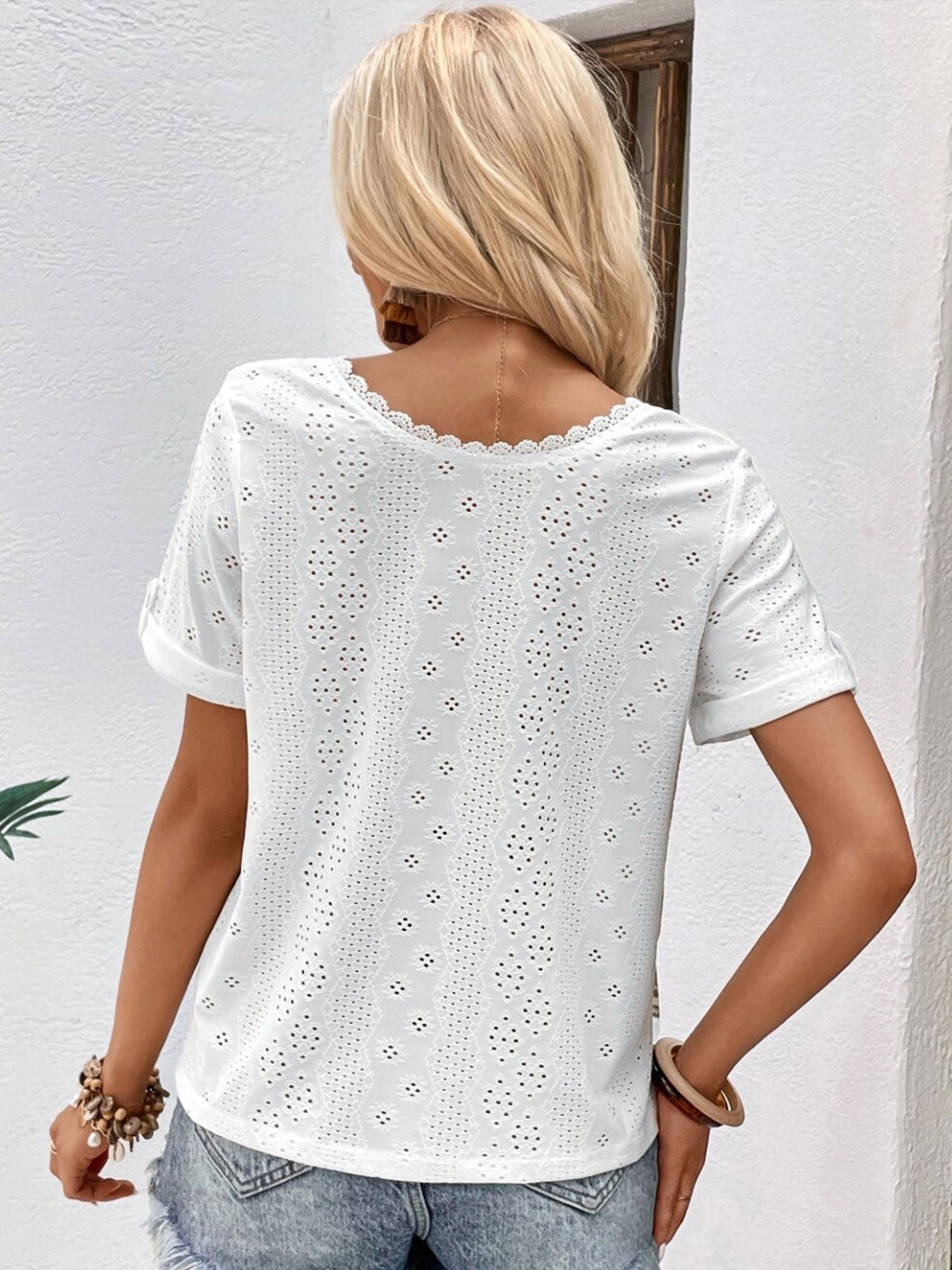 White V-Neck Solid Short Sleeves Polyester Top